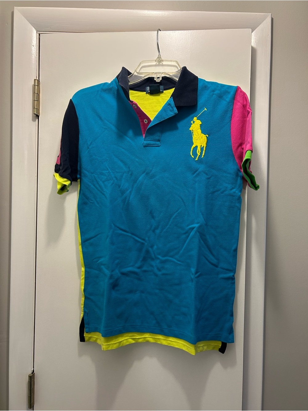 Polo by Ralph Lauren Teal Colorblock Polo with Neon Yellow & Pink Accents